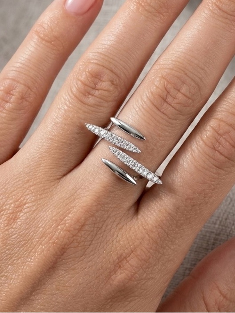 Platinum Plated Silver Bypass Open Ring | Adjustable Leaf Shape Band with CZ